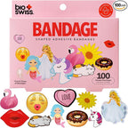 BioSwiss Bandages, Assorted Animal, Fun and Food Shaped Self Adhesive Bandage for Girls, Latex Free Sterile Wound Care, 100 Count