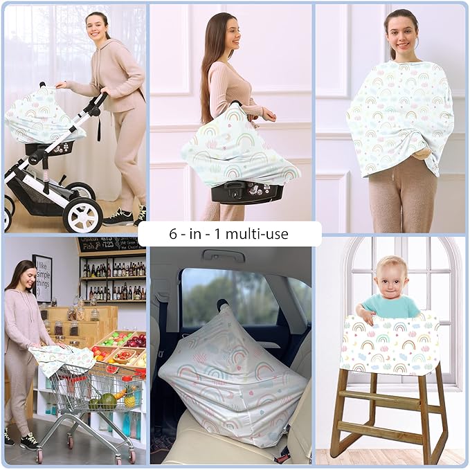 Car Seat Covers for Babies - Multi- use Nursing Carseat Canopy, Breastfeeding Covers, Baby Shower Gifts for Boys and Girls (Rainbow)