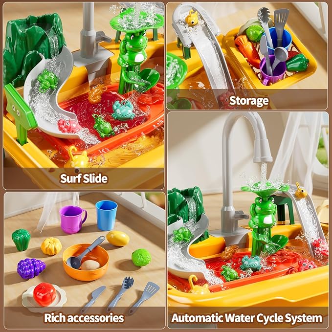 Kitchen Sink Toys Toddlers 3-5, Play Sink with with Electric Water Pump, Water Table for Kids Ages 4-8, Fishing Game Outdoor Toys Pretend Role Play Toys for Boys Girls 3 4 5 6 7 8