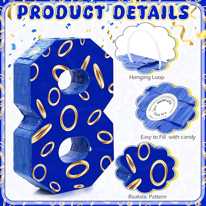 Number 8 Blue and Golden Rings Piñata for Kids Birthday Cartoon Theme Small Piñata with Blindfold Stick Confetti for Fiesta Cinco De Mayo Party Decor, 15.8 x 11 x 2.8 Inch