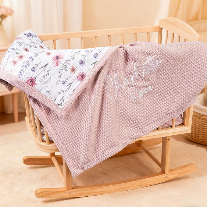 Personalized Baby Blanket with Name – Custom Knit Blanket, 27x40in Floral Embroidered Nursery Blanket for Girls – Customized Baby Blanket, Soft Newborn Gift & Custom Baby Gifts (Baby Pink)