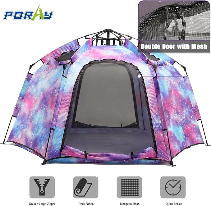 Portable Hexagon Kids Play Tent with LED Strip Lights Indoor Children Play House Easy Set-up Space Large Dream Tent for Night 4-5 Person & Birthday Gifts