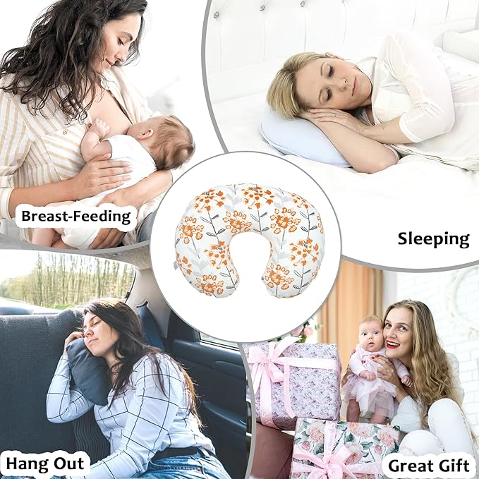 LAT Nursing Pillow for Breastfeeding with Removable Minky Cover,Ergonomic Breast Feeding Pillows for Mom and Baby,Machine Washable(Flowers+Orange)