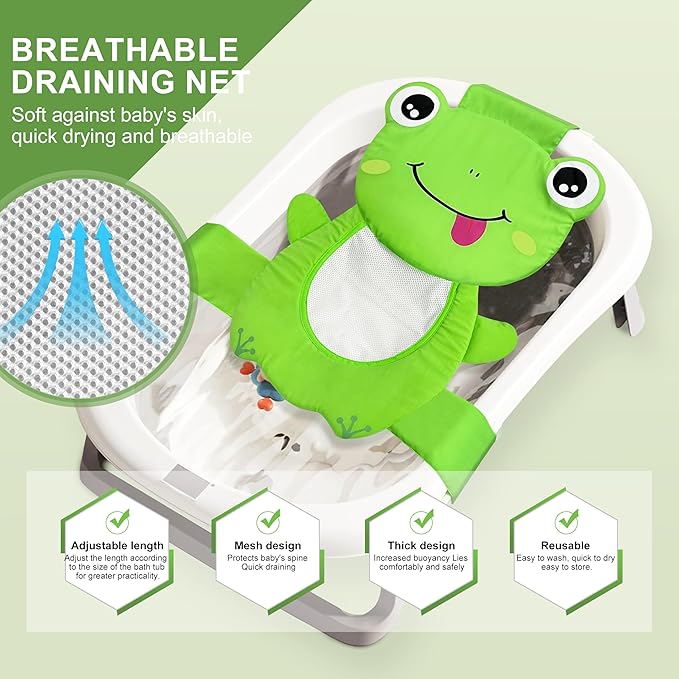 Baby Bath Seat Support Net, Quick Drying, Adjustable, Comfortable, Non-Slip, Infant Bathtub Sling Shower Mesh for a Tub, Soft Newborn Bath Mat (Green Frog)