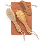 Natural Baby Brush Set - Wooden Brushes and Comb With Boho Travel Bag for Girl or Boy - Soft Goat Hair Brush for Cradle Cap, Bamboo Toddler Brush, Newborn Hairbrush for Scalp Grooming