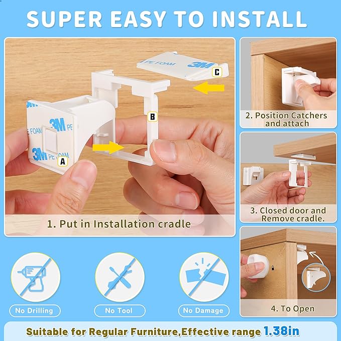 12 Pack Magnetic Cabinet Locks Baby Proofing - Baitiny Child Proof Cupboard Drawers Latches - Adhesive Easy Installation