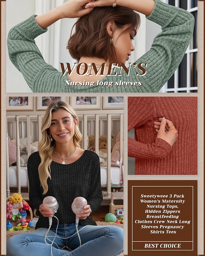 3 Pack Women's Nursing Long Sleeve Tops Breastfeeding Thermal Sweaters with Hidden Zipper Maternity Ribbed Shirts