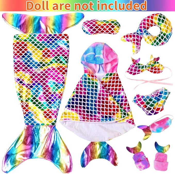 K.T. Fancy 8pcs Girl Doll Clothes and Accessories Sleeping Bag Mermaid Tail Dresses and Bikini Outfit Clothes Fits 18 Inch Girl Doll