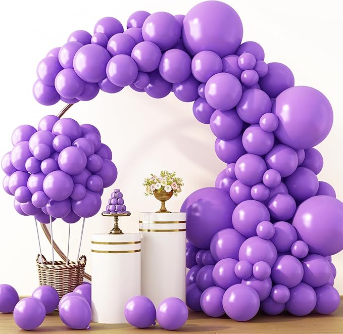 RUBFAC 129pcs Purple Balloons Different Sizes 18 12 10 5 Inch, Lavender Lilac Latex Balloon Garland Arch Kit for Halloween Masquerade Party Decorations Birthday Anniversary Baby Shower Party Supplies
