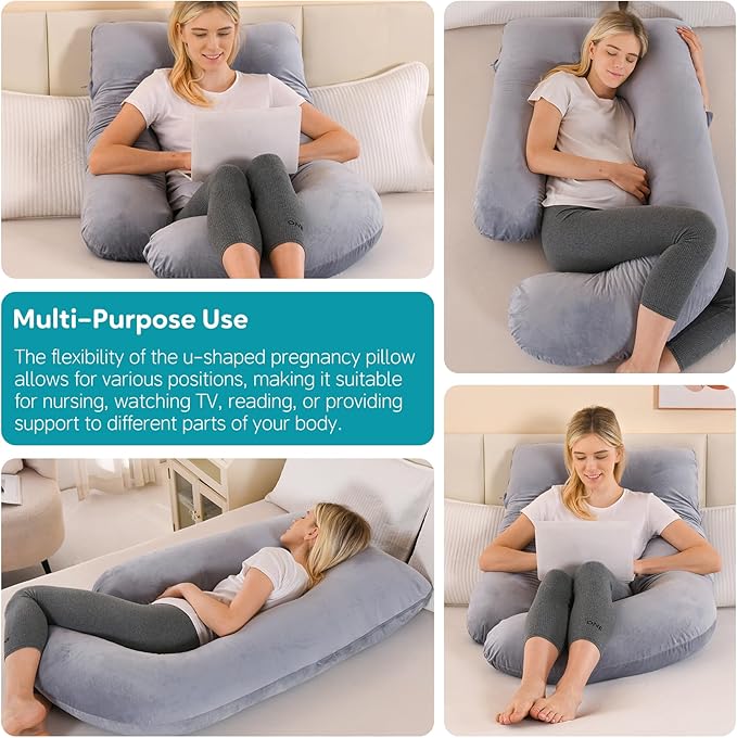 U-Shaped Pregnancy Pillow for Sleeping, Full Body Support for Back, HIPS & Belly -65 Inch Maternity Pillow with Machine Washable Cover | Maternity Essential (Velvet Grey-65inch)
