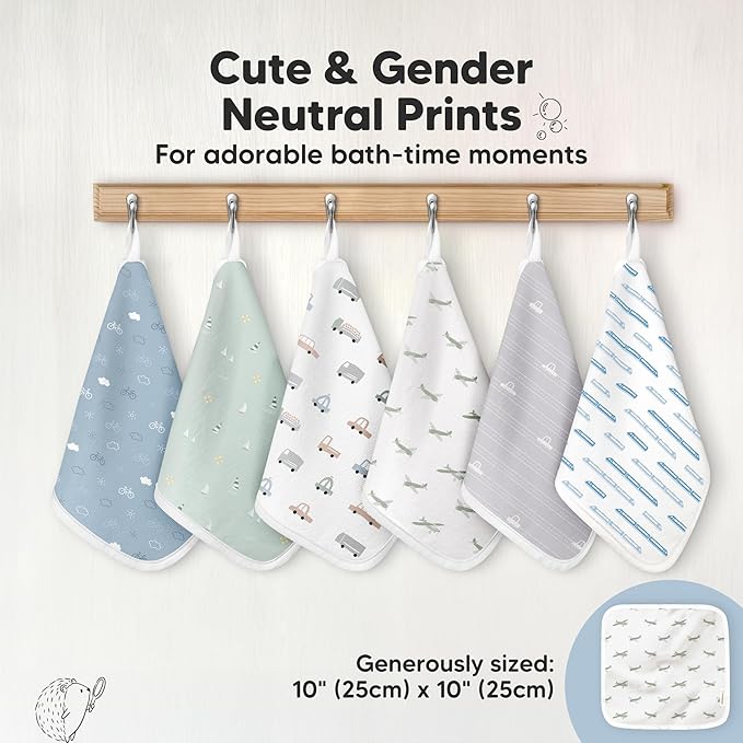 6-Pack Cotton Baby Washcloths for Newborn - Organic Cotton Muslin Soft Wash Cloths for Babies, Infant, Kids, Toddler Towels for Boy, Girl, Super Absorbent Face Cloths, Scratch-free Baby Rags (Vessels)