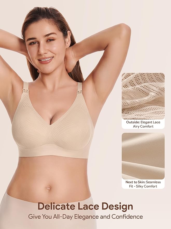 Angelhood Nursing Bras for Breastfeeding, Seamless Wireless Comfort Push up Lace Nursing Maternity Bralette for Pregnancy