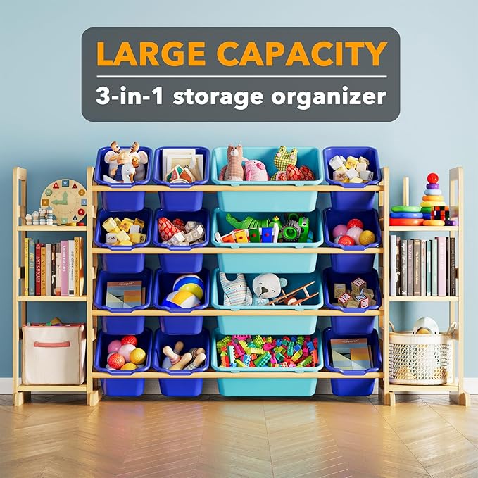 SpaceAid Toy Storage Organizer with 6 Shelves and 16 Bins, Toy Organizers Storage Bookshelf, Kids Bin Shelf Toys Box Bookcase for Bedroom Playroom Organization Room Decor, Blue and Navy Blue