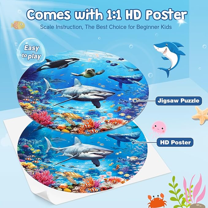 Underwater Ocean Floor Puzzle for Kids Ages 4-6, Shark Toys for Boys Girls, 70 Pieces Large Jigsaw Shark Puzzles for Kids Ages 3-8, Educational Ocean Animals Toys for Birthday Christmas