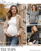 Ficerd 4 Pack Women's Maternity Shirts Cotton Long Sleeve Ribbed Crew Neck Pregnancy Tops Side Ruched Casual Mama Clothes