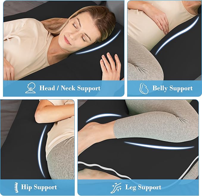 Cute Castle Cooling Cover Pregnancy Pillows, Soft U-Shape Maternity Pillow with Removable Cover - Full Body Pillows for Adults Sleeping - Pregnancy Must Haves - Jumbo 57 Inch - Black