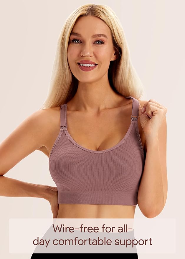 Angelhood Nursing Bras for Breastfeeding, Ribbed Nursing Sports Bra Yoga Maternity Bras Pregnancy Sleep Bralette