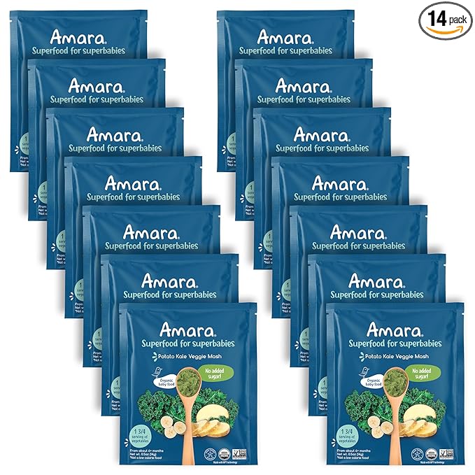 Amara Organic Baby Food - Stage 2 - Kale Potato - Baby Cereal to Mix With Breastmilk, Water or Baby Formula - Shelf Stable Baby Food Pouches Made from Organic Fruit and Veggies - 14 Pouches, 3.5oz Per Serving