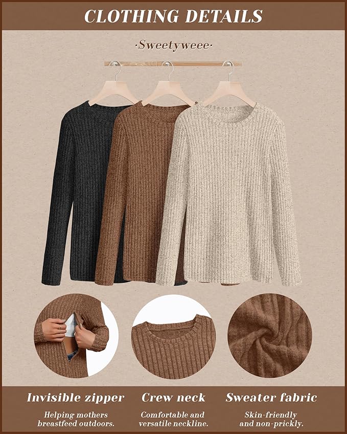 3 Pack Women's Nursing Long Sleeve Tops Breastfeeding Thermal Sweaters with Hidden Zipper Maternity Ribbed Shirts