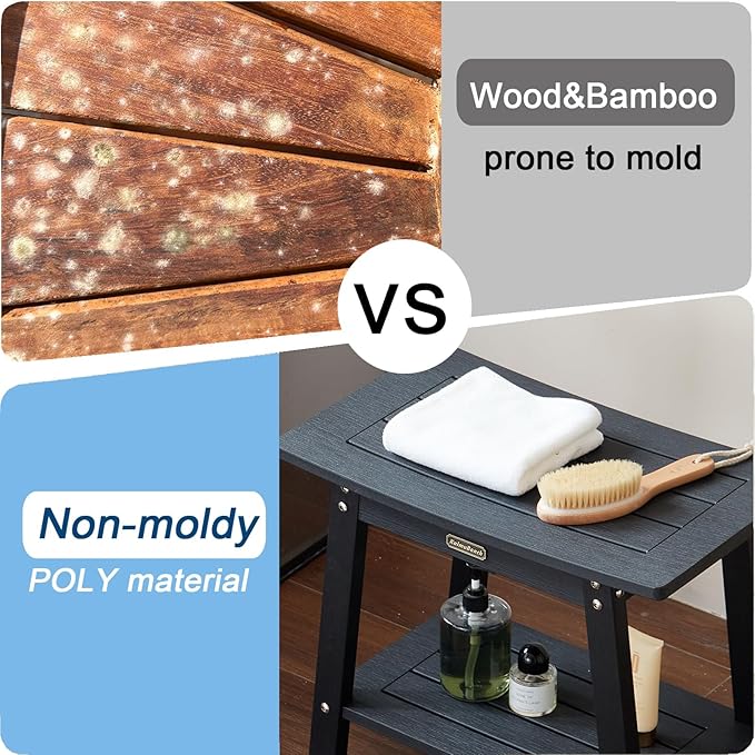 Large HDPS Shower Stool, Shower Bench for Inside to Sit On, Waterproof Bathroom Chair Seat for Shaving Legs, Foot Rest Stool with Storage Shelf, Non-Slip & No Maintenance, Black