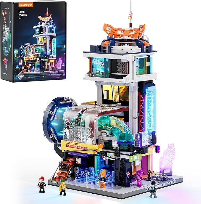 Cyberpunk Floating-Train-Station Lighting-Building-Bricks Set - Cyberpunk City Future Levitation Train Station Street View Collection LED Light Model 2760 Pcs for Adults and Sci-fi Lovers