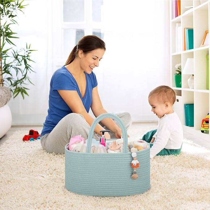 COMSE Large Baby Diaper Caddy Organizer for Girl Boy, Car Caddy with Handles, Cotton Rope Basket for Changing Table, Nursery Organizer, Gift for Baby Shower and Registry Must Have, Light Green