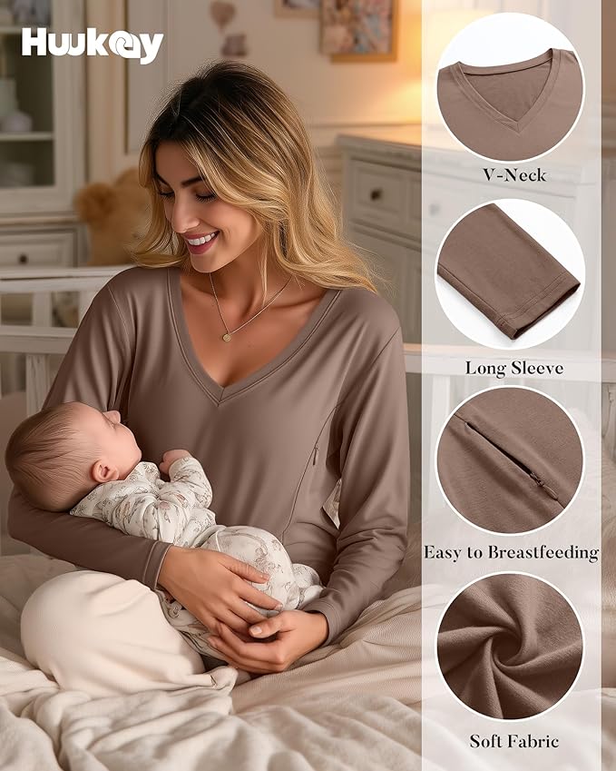 Huukeay 3 Pack Women's Long Sleeve Nursing Tops, Breastfeeding Hidden Zippers Shirts V Neck Maternity Pregnancy Tees Clothes