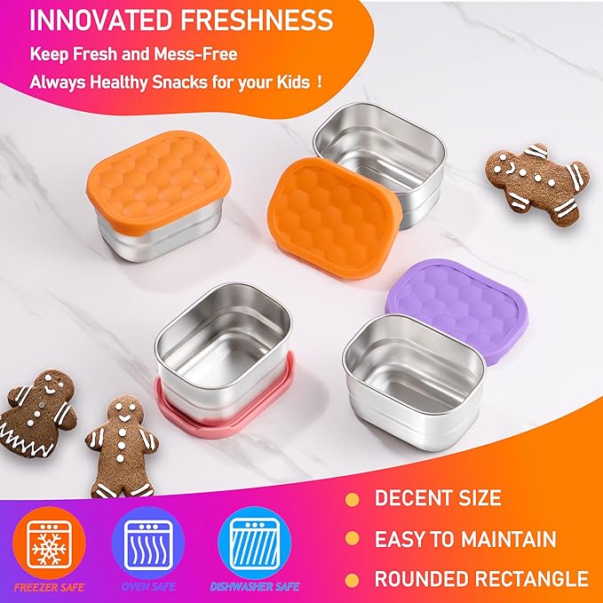 HaWare Stainless Steel Snack Containers for Toddlers and Kids, 8 oz Leak Proof Food Storage Containers with Silicone Lids, Stackable & Reusable Small Metal Lunch Box for Daycare and School- 3 Packs