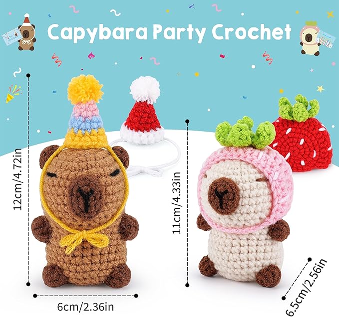 Crochet Kit for Beginners-2PCS Animals Brown and Beige Capybara Crochet Kit with Step-by-Step Video Tutorials, Stuffed Animal Knitting Kit for Adult Kids, Capybara Party Crocheting Kit for Birthday
