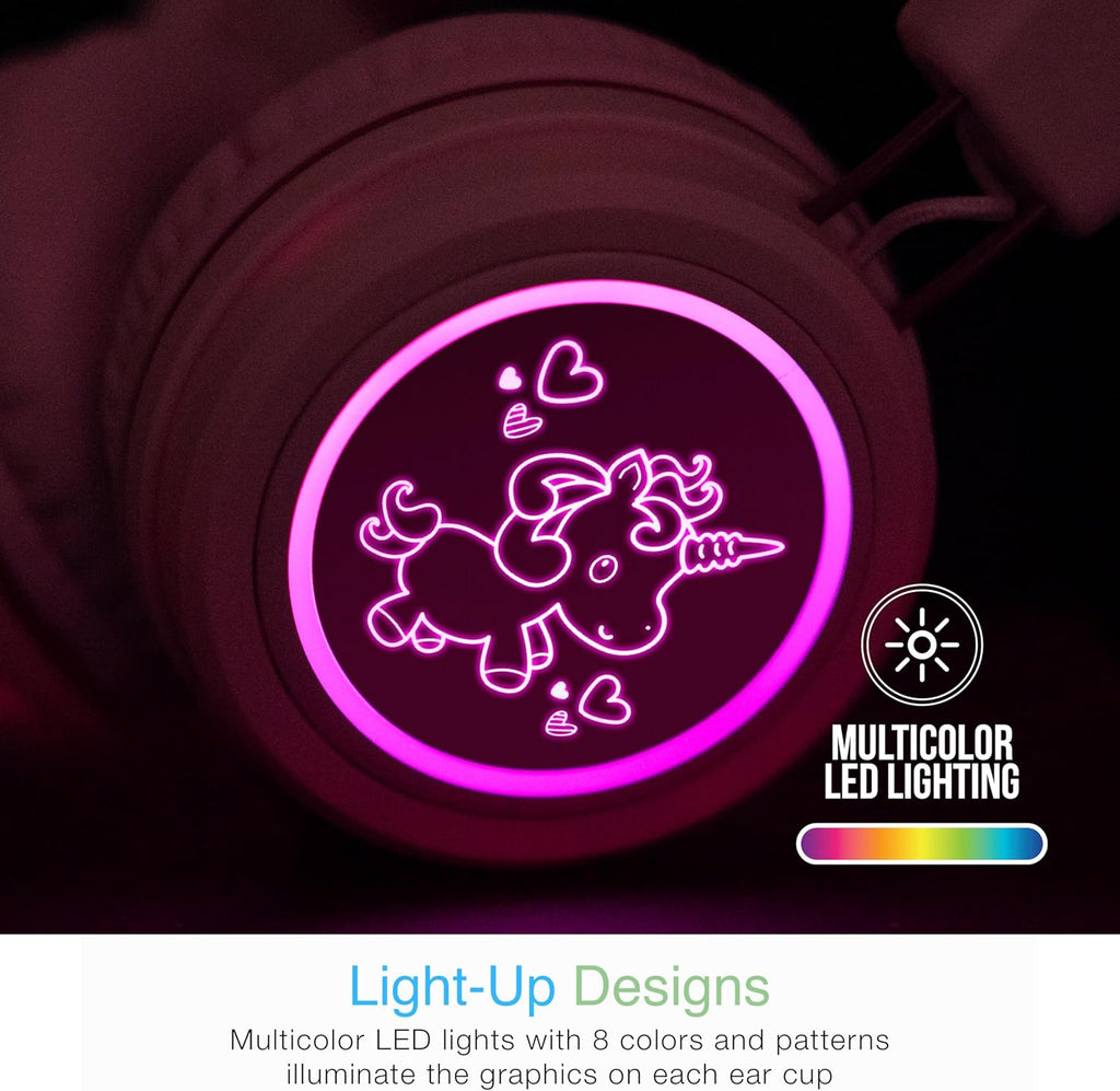 MEE audio KidJamz KJ55BT Bluetooth Wireless Safe Listening Headphones for Children with LED Lights, 85dB Volume Limiter, Microphone, & 40h Battery; Kids Headset for School/iPhone/iPad/Tablet (Pink)