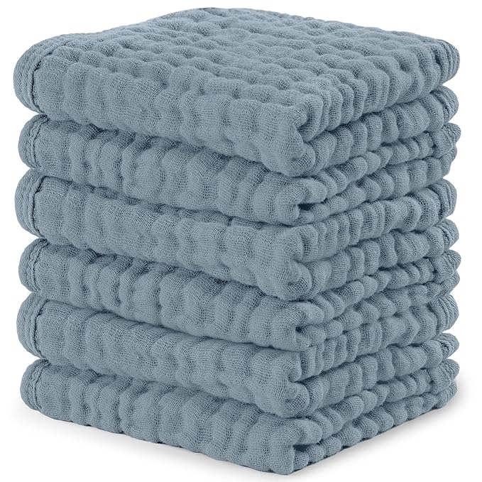 Comfy Cubs Muslin Baby Washcloths 6 Pack - Soft 6-Layer Cotton Wash Cloths for Sensitive Skin - 10"x10" Large, Gentle, Absorbent Infant Essentials for Newborn and Toddlers - Pacific Blue