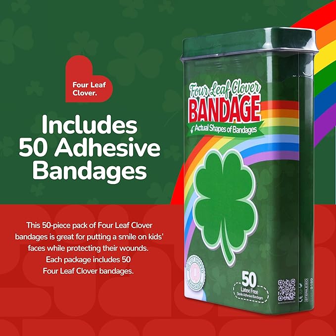 BioSwiss Bandages, 4 Leaf Clover Shaped Self Adhesive Bandage, Latex Free Wound Care, Fun First Aid Kit Supplies for Kids and Adults, 50 Count