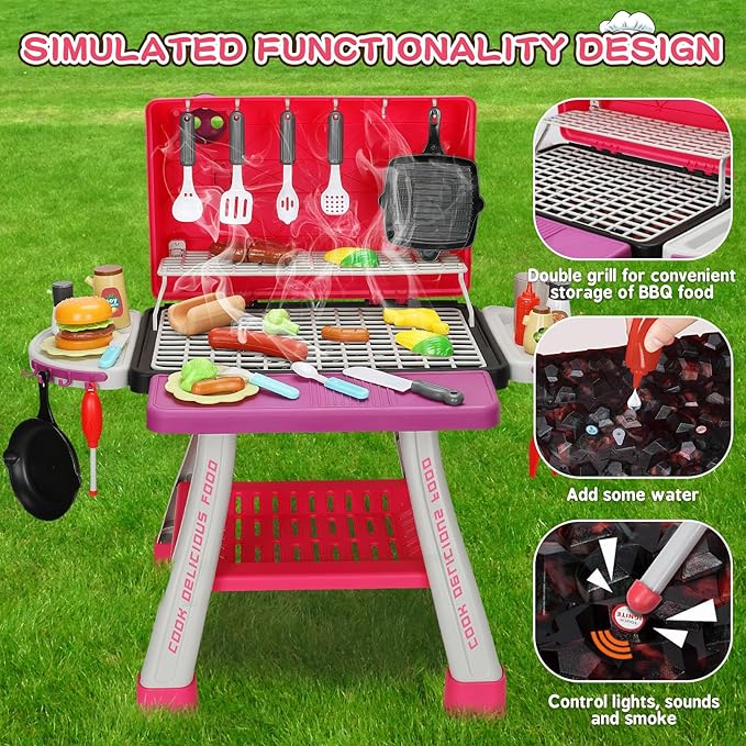 Kids Play Kitchen Toys, Kids BBQ Grill Kitchen Playset with Smoke, Sound & Light, Pink Play Food Toys Cooking Set, 2-Layer Barbecue Outdoor Play Grill Toy Gift for Toddler Girls 3-5, Pink