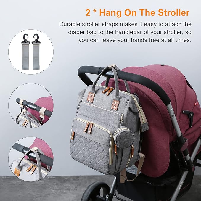 Diaper Bag with Changing Station, Waterproof 3 in 1 Baby Diaper Backpack with Foldable Changing Pad, Large Travel Back Pack for Baby Girl Boy, Grey