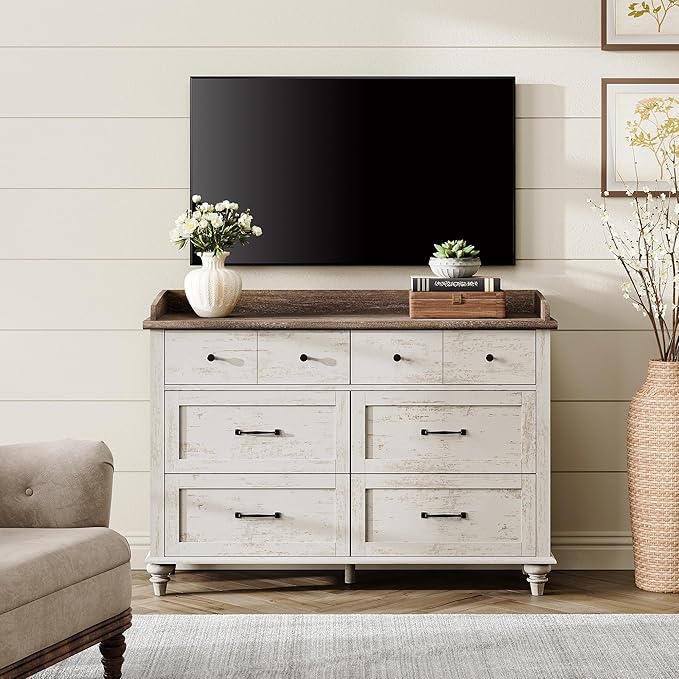 WAMPAT Baby Dresser with 6 Drawers for Kids Room, Antique White Kids Dresser Wooden Double Dressers for Bedroom, Storage Organizer for Children’s Bedroom, Nursery Furniture