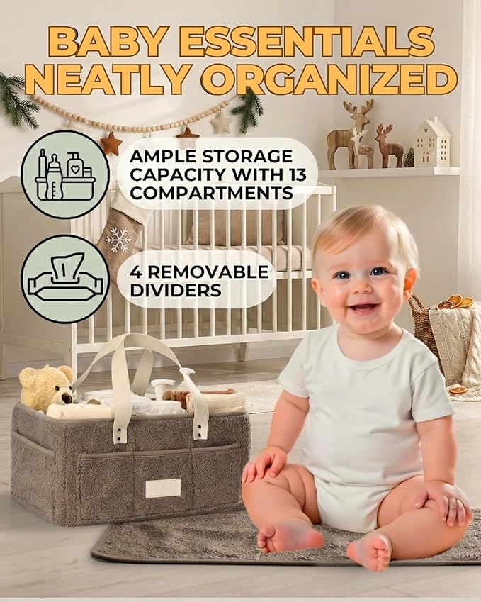 Baby Diaper Caddy Organizer with Portable Changing Mat - Teddy Fleece Diaper Organizer for Changing Table - Basket for Changing Essentials - Baby Essentials Organizer with Removable Dividers