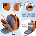 RUVALINO Diaper Bag Backpack-Multifunction Baby Travel Bag with Changing Pad, Insulated Bottle Holders & Pacifier Case, Large Capacity, Waterproof, Maple Orange