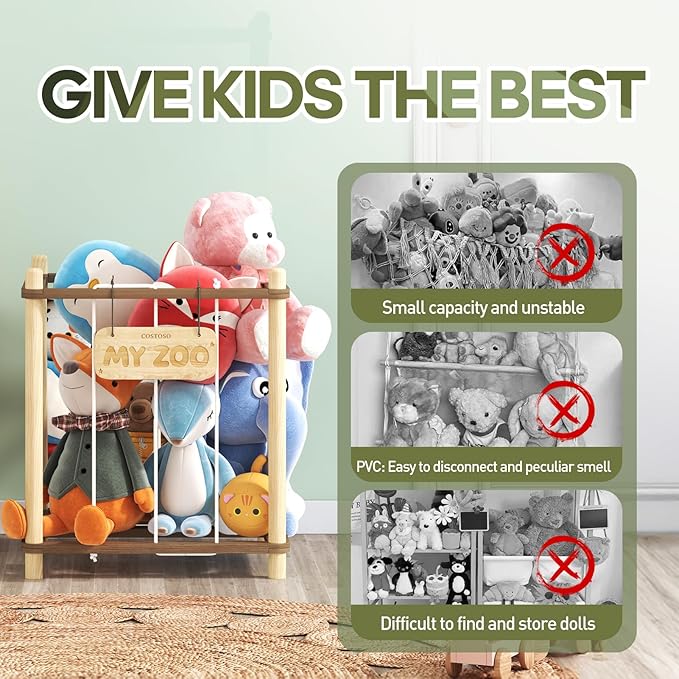 Stuffed Animal Storage, Two-Tone Wood Toy Storage, Space Save Zoo Toy Organizer, Large Capacity Stuffed Animal Holder for Toddler, WJJ-DC (Small)