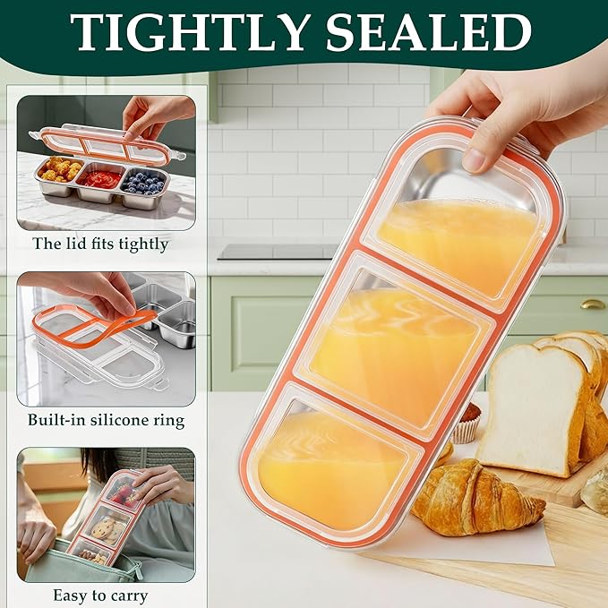 QCQHDU Snack Containers, Reusable Stainless Steel 3 Compartment Condiment Metal Bento Lunch Box with Lids, Divided Snack Food Storage Lunchable Containers for Home, Work, Travel, Camping, 3 Pack