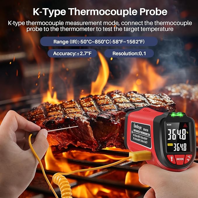 Infrared Thermometer Gun, Gedaye Laser Temperature with IR Pointer 13:1, Meat Temp Gun with Metal Probe, Adjustable Emissivity, -58℉ to 1076℉, Heat Thermometer for Cooking Pizza Oven Grill Fridge BBQ