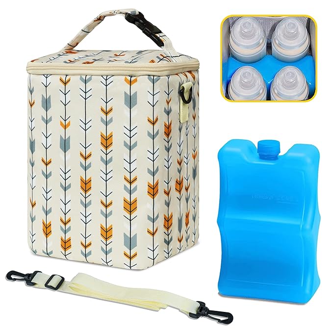 Breastmilk Cooler Bag with Ice Pack Fits 4 Baby Bottles Up to 9 Ounce Insulated Baby Bottle Bag Breast Milk Cooler on The Go with Strap Baby Bottle Cooler Bag for Nursing Mom Daycare or Travel
