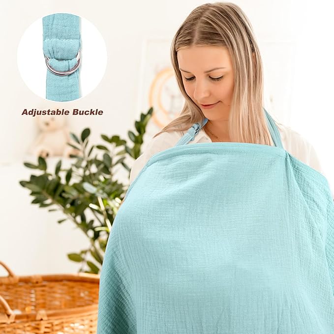 Muslin Nursing Cover for Breastfeeding, Privacy Breathable Breastfeeding Cover with Arch Neckline for Mom, 100% Cotton Nursing Apron, Floral and Light Green