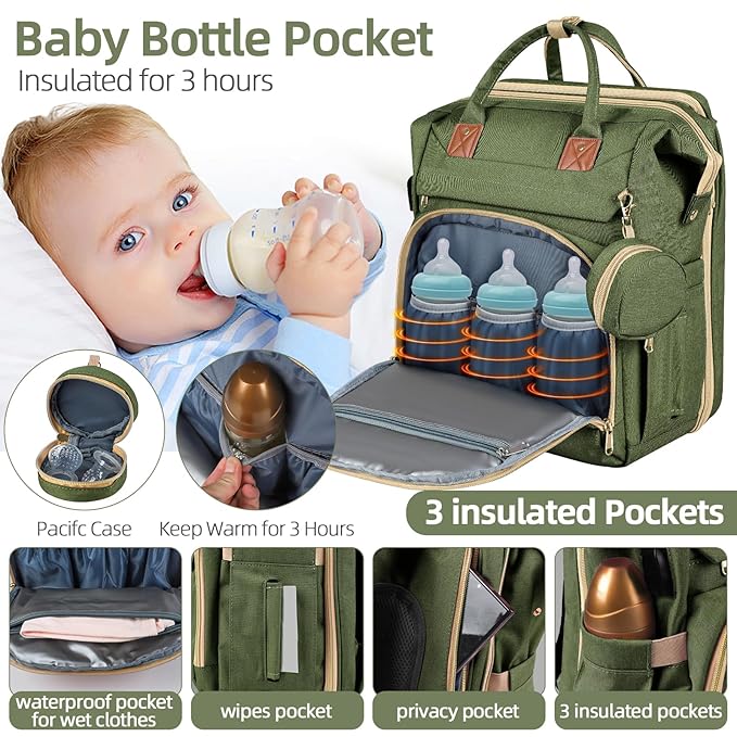 Baby Diaper Bag Backpack,Baby Shower Gifts, Multifunctional Travel Diaper Bag, Gifts for Mom with Portable Diaper Pad (Green)