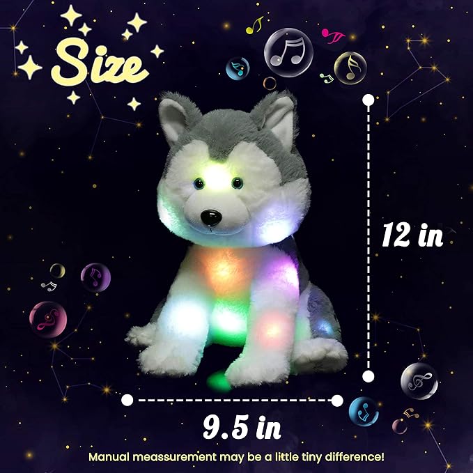 Hopearl LED Musical Stuffed Husky Lighting Up Singing Plush Dog Adjustable Volume Lullaby Animated Soothe Birthday Festival for Kids Toddler Girls, Gray, 12''