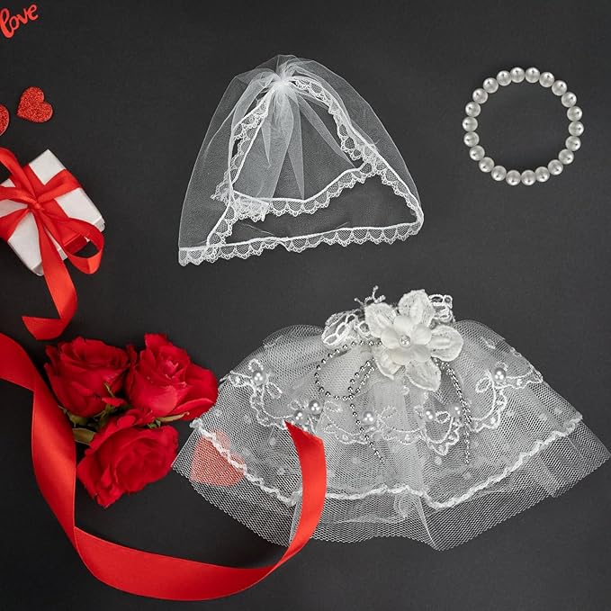17cm Doll Clothes & Accessories Set，Luxe Bride Outfits, Handmade Veil & Simulated Pearl Necklace - for Ceremonies, Displays, Collectors & Gifts/Doll Wedding Dress/Sweet Meadow