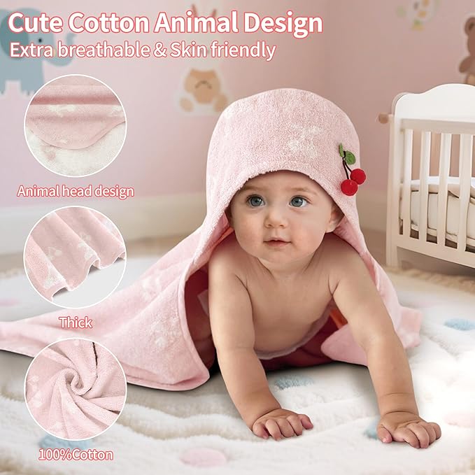 VOOVA & MOVAS Thick Baby Hooded Bath Towel - 100% Cotton,420GSM, 30.5x36 Inches,0-2Years, Super Absorbent Large Towel with Cherry Hood for Newborn,Toddler,Infant, Pink Cherry