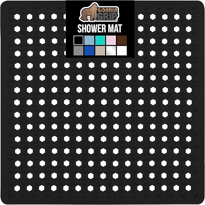 GORILLA GRIP Patented Square Shower Stall Mat, Small Bathtub Floor Mats for Stand Up Showers, Suction Cups and Drainage Holes, Machine Wash, Soft on Feet, Bathroom Accessories 21x21 Inch, Black Opaque