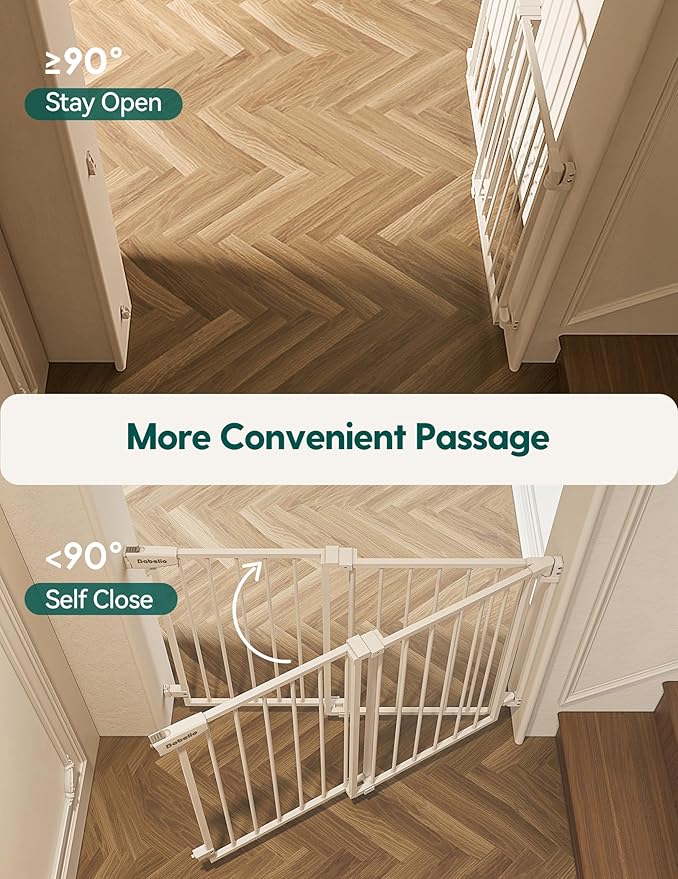 Babelio 34" Tall No Bottom Bar Baby/Dog Gate for Stairs, House and Doorways, 29.7-46.5" Auto Close Safety Pet Gates with Large Walk Thru Door, Hardware Mount, White