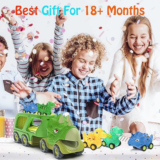 Veslier Dinosaur Car Toy for 3 4 5 Years Old Boys, Friction Power Carrier Truck with 4 Pack Small Pull Back Dino Car, Christmas Birthday Gift for 3+ Boy Girl Kids Toddlers