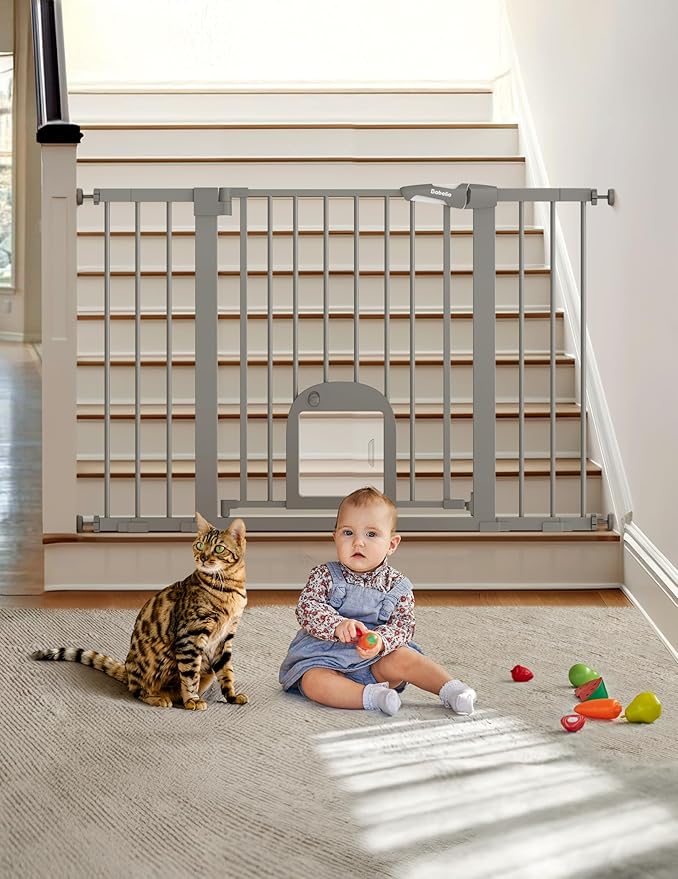 Babelio 29-48" Extra Wide Baby Gate with Adjustable Cat Door,Easy Install Pressure/Hardware Mounted,Auto Close Pet door for Stairs,House,Doorways,Effortless Walk Thru,Gray